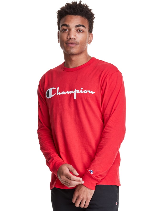 Champion Long-Sleeve Lightweight Script Logo - Miesten Punainen T-Paita - Suomi 9801456-HW